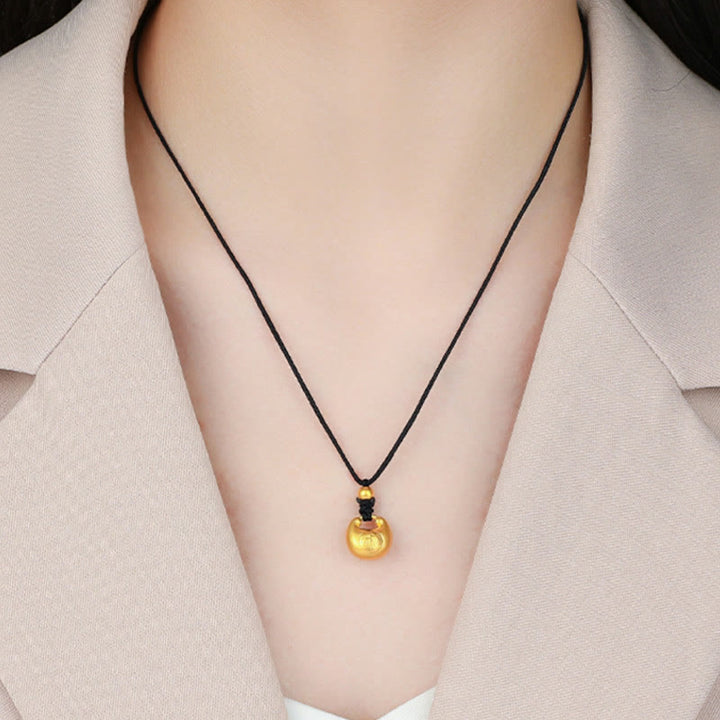 Buddha Stones 999 Gold Fu Character Wish Lock Pattern Luck Rope Necklace Pendant - image 3