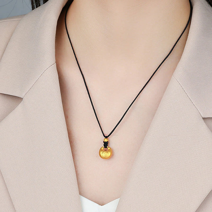 Buddha Stones 999 Gold Fu Character Wish Lock Pattern Luck Rope Necklace Pendant - Small Fu Character(Gold About 0.8g)+ Black Necklace Rope - image 2