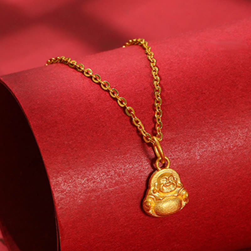 Buddha Stones 999 Gold Mini Laughing Buddha Luck Wealth Necklace Pendant