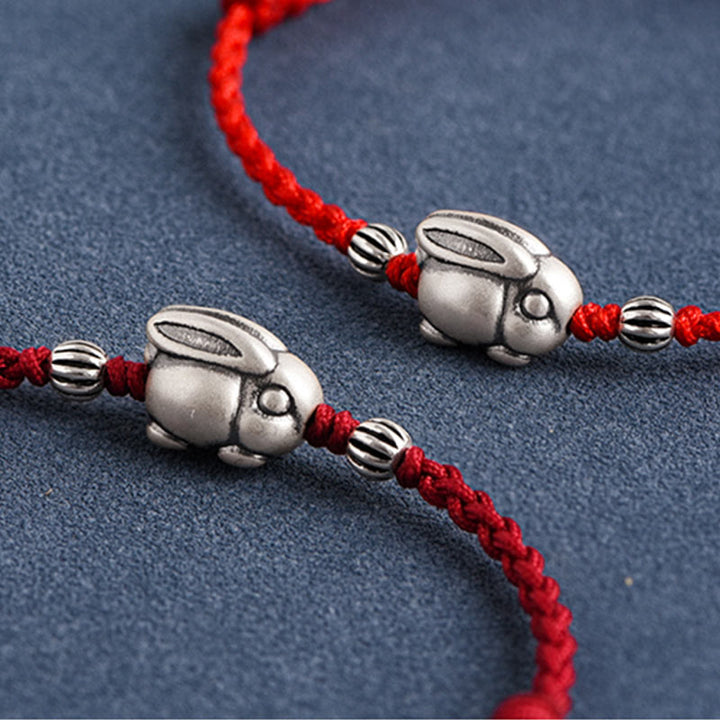 Buddha Stones Handmade 999 Sterling Silver Rabbit Luck Rope Bracelet Anklet