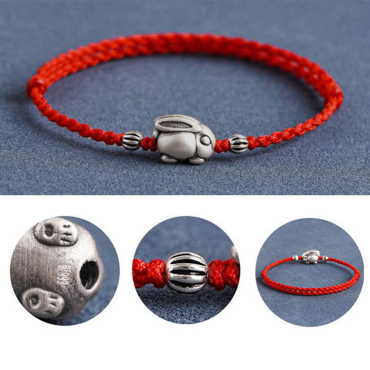 Buddha Stones Handmade 999 Sterling Silver Rabbit Luck Rope Bracelet Anklet