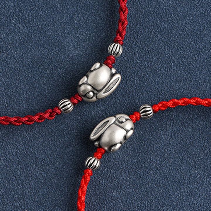 Buddha Stones Handmade 999 Sterling Silver Rabbit Luck Rope Bracelet Anklet