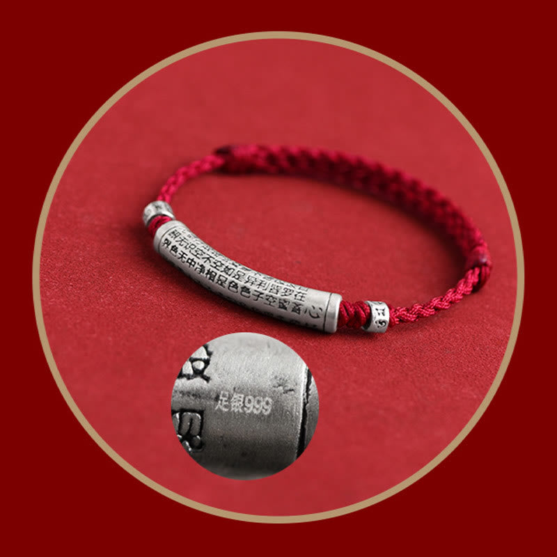 Buddha Stones Handmade 999 Sterling Silver Om Mani Padme Hum Heart Sutra Carved Luck Rope Bracelet Anklet