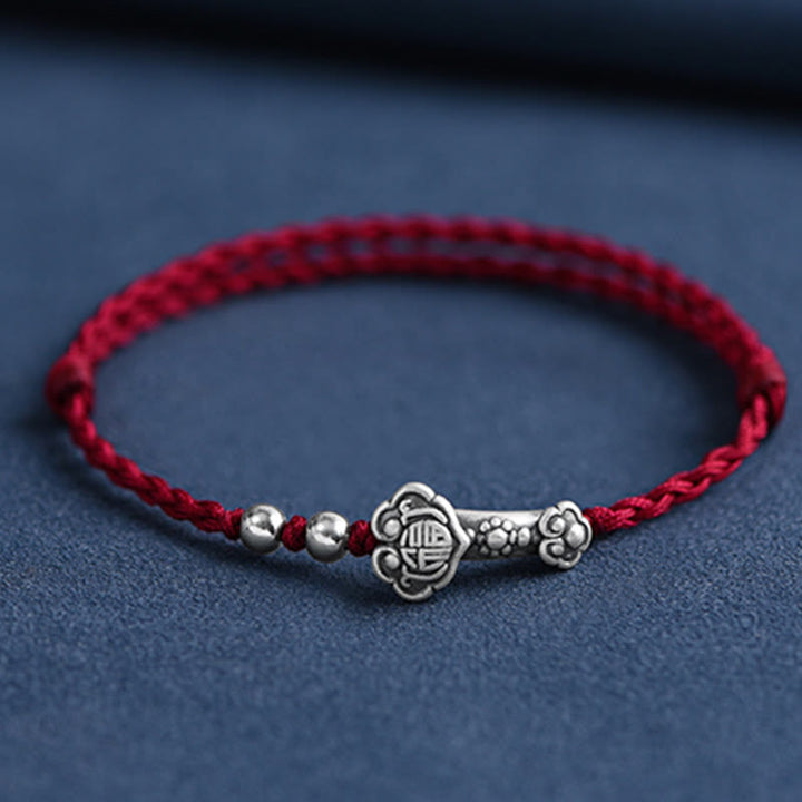 Buddha Stones Handmade 999 Sterling Silver Fu Character Wish Ruyi Handle Fortune Rope Bracelet Anklet