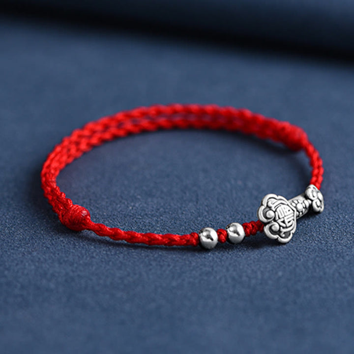 Buddha Stones Handmade 999 Sterling Silver Fu Character Wish Ruyi Handle Fortune Rope Bracelet Anklet