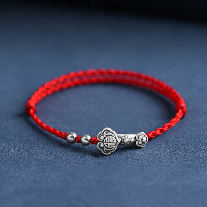 Buddha Stones Handmade 999 Sterling Silver Fu Character Wish Ruyi Handle Fortune Rope Bracelet Anklet