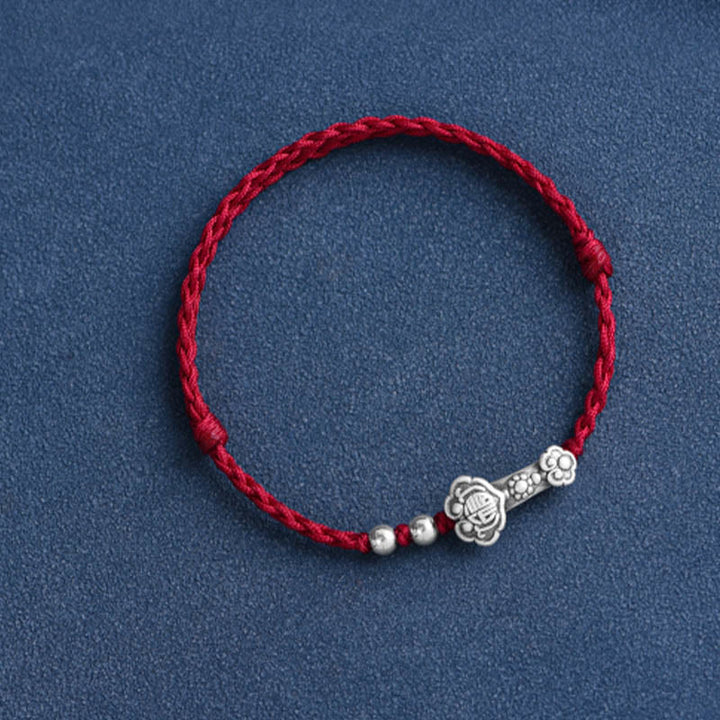 Buddha Stones Handmade 999 Sterling Silver Fu Character Wish Ruyi Handle Fortune Rope Bracelet Anklet