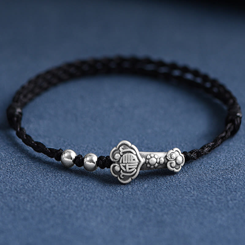 Buddha Stones Handmade 999 Sterling Silver Fu Character Wish Ruyi Handle Fortune Rope Bracelet Anklet