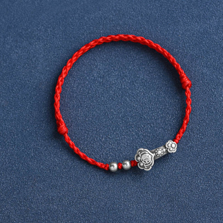 Buddha Stones Handmade 999 Sterling Silver Fu Character Wish Ruyi Handle Fortune Rope Bracelet Anklet