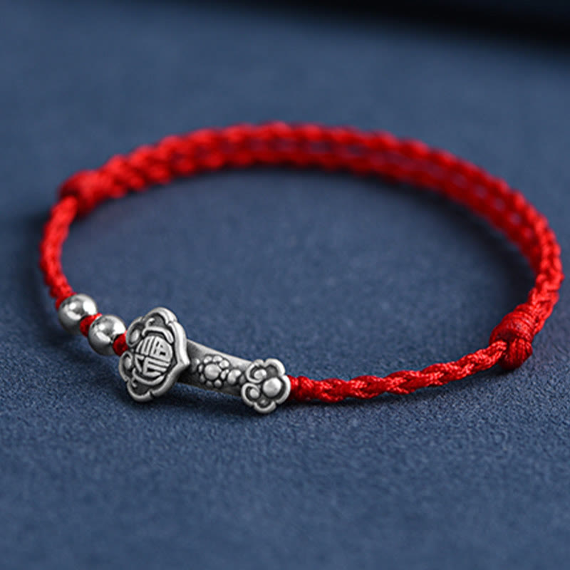 Buddha Stones Handmade 999 Sterling Silver Fu Character Wish Ruyi Handle Fortune Rope Bracelet Anklet