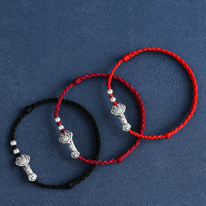 Buddha Stones Handmade 999 Sterling Silver Fu Character Wish Ruyi Handle Fortune Rope Bracelet Anklet