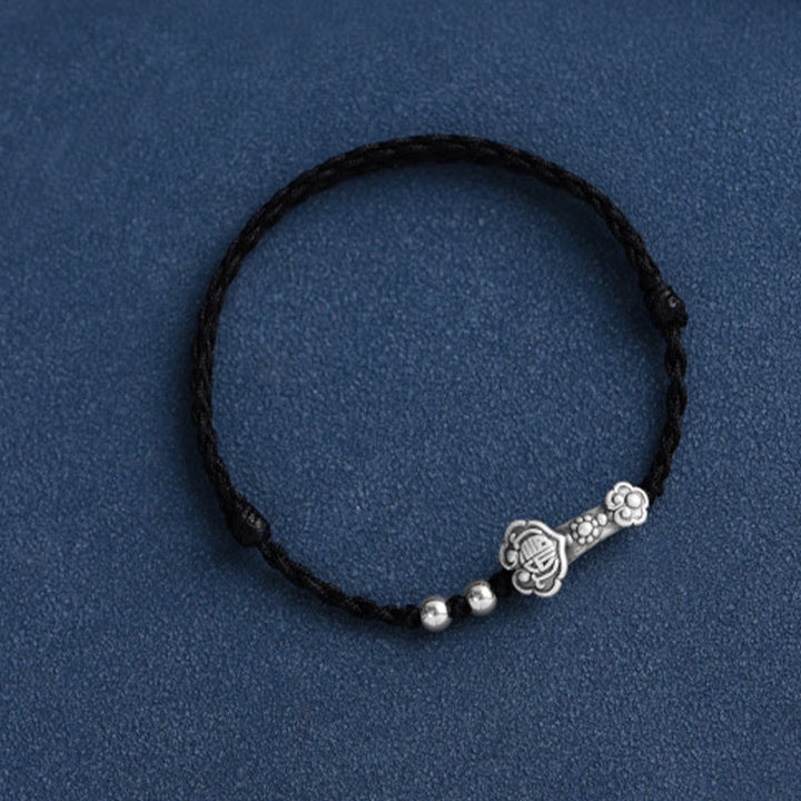 Buddha Stones Handmade 999 Sterling Silver Fu Character Wish Ruyi Handle Fortune Rope Bracelet Anklet