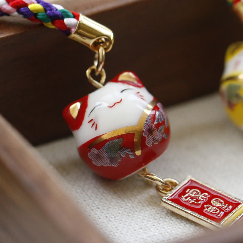 Buddha Stones Ceramic Lucky Fortune Cat Character Wealth Phone Hanging Decoration