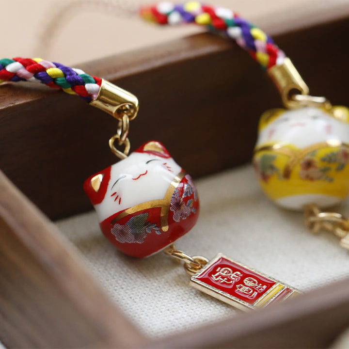 Buddha Stones Ceramic Lucky Fortune Cat Character Wealth Phone Hanging Decoration