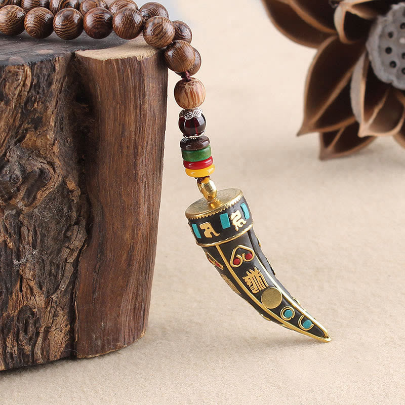 Buddha Stones Tibet Wenge Wood Om Mani Padme Hum OM Symbol Mantra Horn Pattern Protection Necklace Pendant