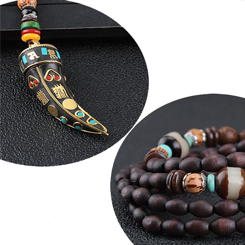 Buddha Stones Tibet Wenge Wood Om Mani Padme Hum OM Symbol Mantra Horn Pattern Protection Necklace Pendant