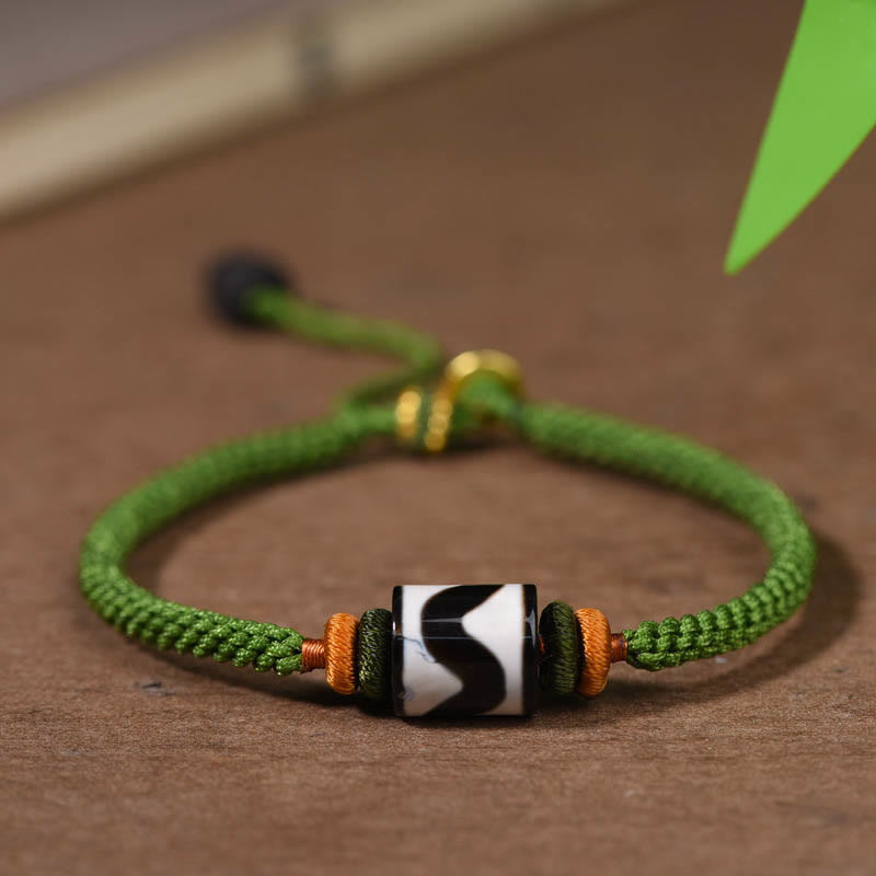 Buddha Stones Handmade Tibetan Dzi Bead Protection Braided Green Rope Bracelet