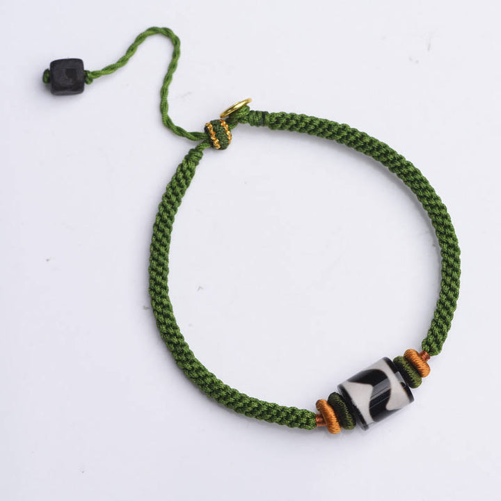 Buddha Stones Handmade Tibetan Dzi Bead Protection Braided Green Rope Bracelet