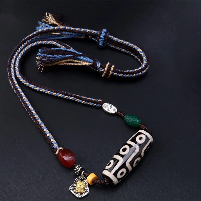 Buddha Stones Tibetan Nine-eye Dzi Bead Protection Braided Rope Necklace Pendant