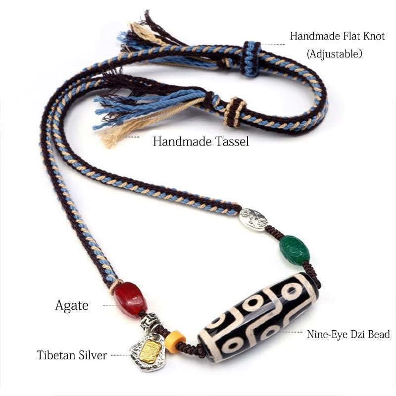 Buddha Stones Tibetan Nine-eye Dzi Bead Protection Braided Rope Necklace Pendant