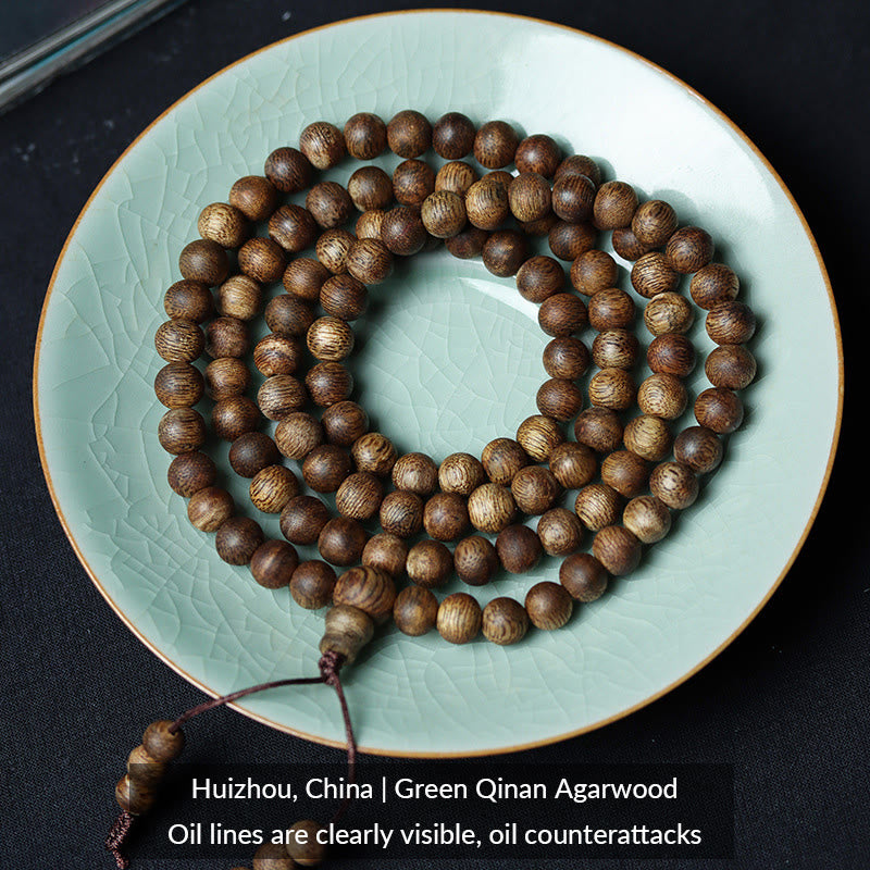 Buddha Stones 108 Mala Beads Huizhou Green Qinan Agarwood Peace Strength Bracelet