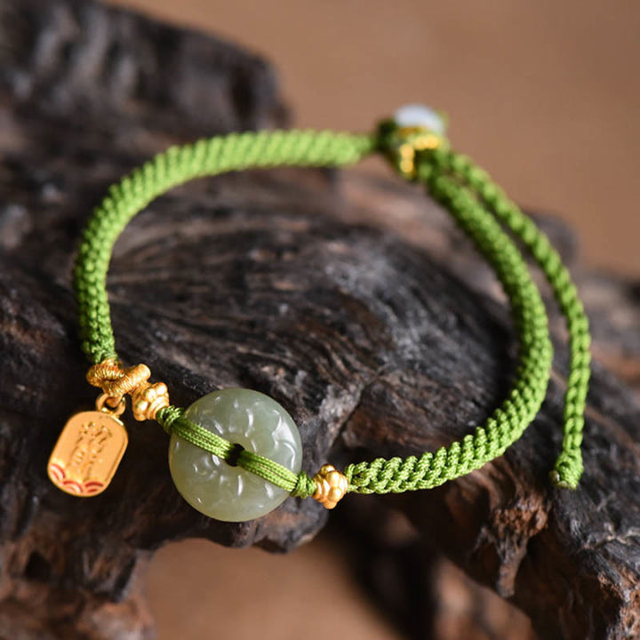 Buddha Stones Green Jade Peace Buckle Green Rope Bracelet