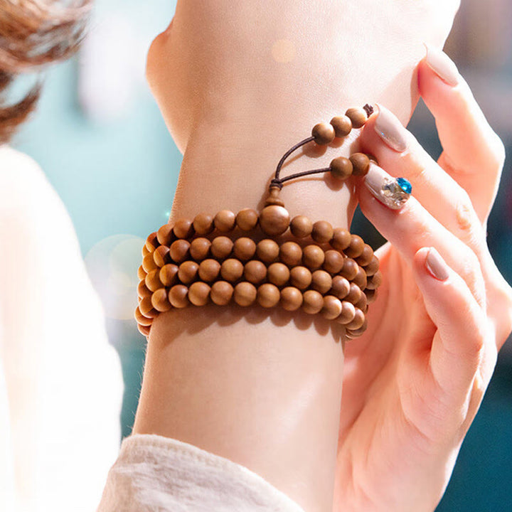 Buddha Stones Mysore Sandalwood Wood Bead Healing Mala Bracelet