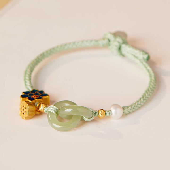 Buddha Stones Hetian Jade Lotus Peace Buckle Braided Rope Fortune Bracelet