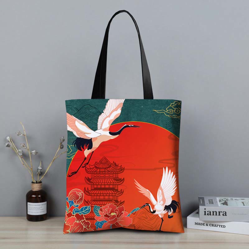 Buddha Stones Crane Peony Chinese Character Hua Dan Canvas Zipper Shoulder Bag