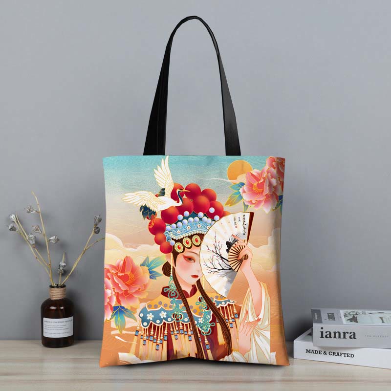 Buddha Stones Crane Peony Chinese Character Hua Dan Canvas Zipper Shoulder Bag