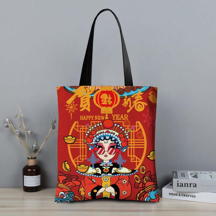 Buddha Stones Crane Peony Chinese Character Hua Dan Canvas Zipper Shoulder Bag