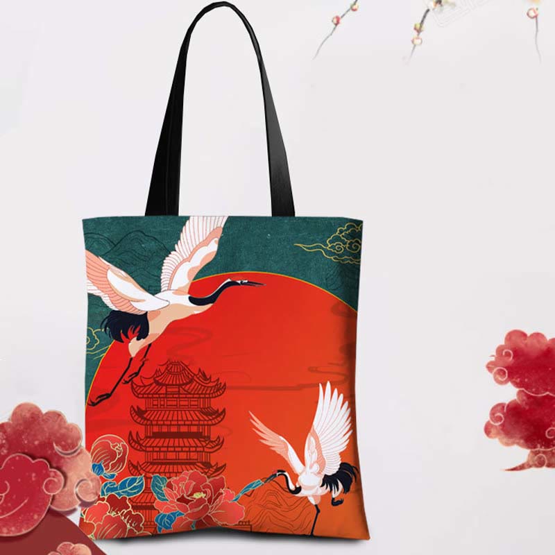 Buddha Stones Crane Peony Chinese Character Hua Dan Canvas Zipper Shoulder Bag