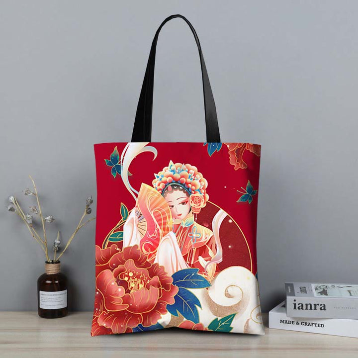 Buddha Stones Crane Peony Chinese Character Hua Dan Canvas Zipper Shoulder Bag