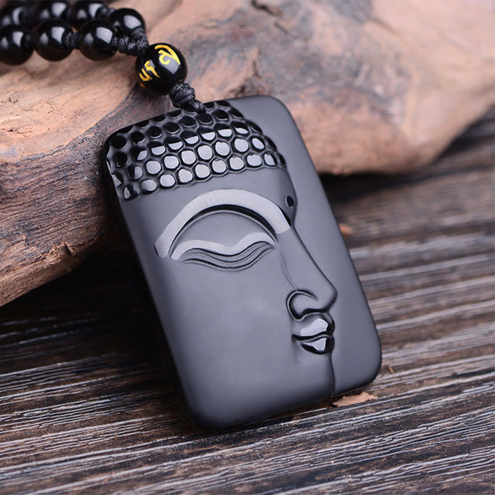 Buddha Stones Natural Black Obsidian Buddha Prayer Purification Luck Pendant Necklace