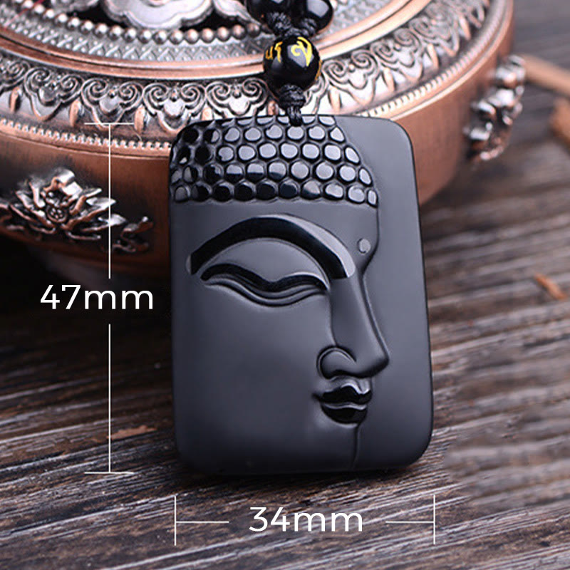 Buddha Stones Natural Black Obsidian Buddha Prayer Purification Luck Pendant Necklace