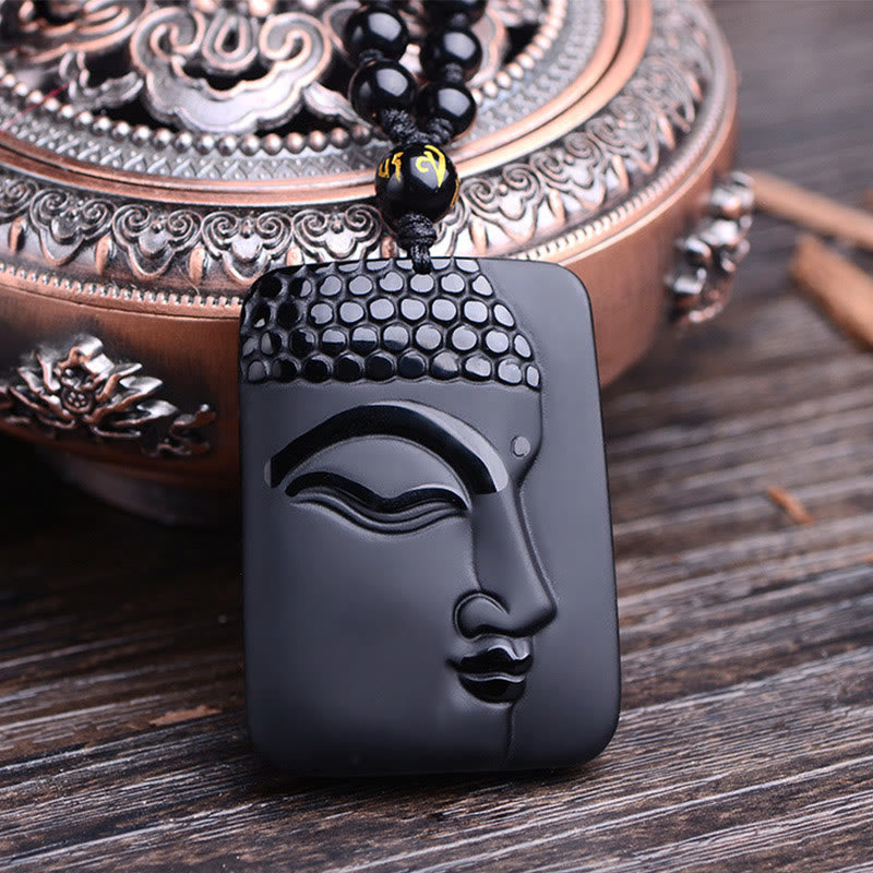 Buddha Stones Natural Black Obsidian Buddha Prayer Purification Luck Pendant Necklace