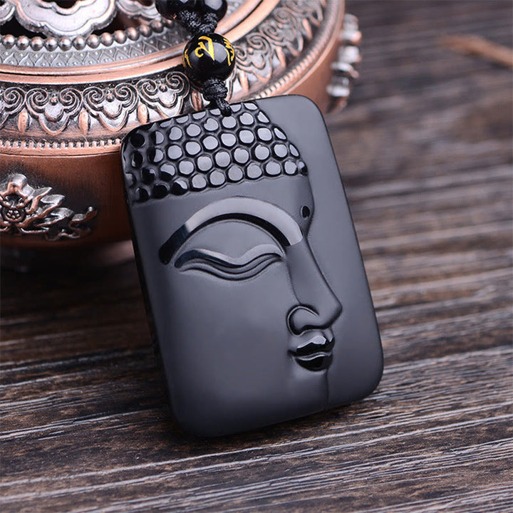 Buddha Stones Natural Black Obsidian Buddha Prayer Purification Luck Pendant Necklace