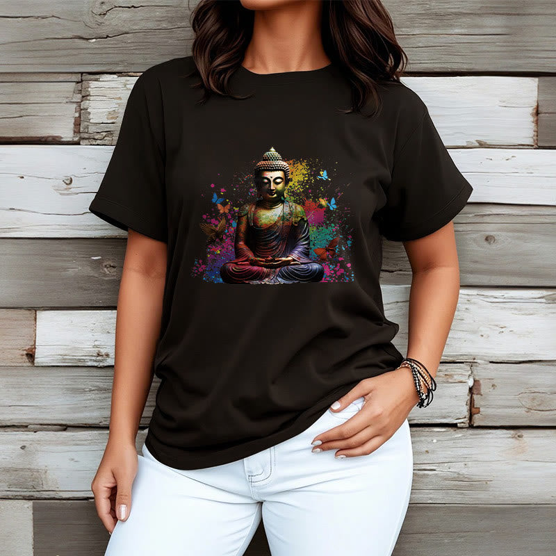 Buddha Stones Colorful Butterfly Flying Meditation Buddha Tee T-shirt