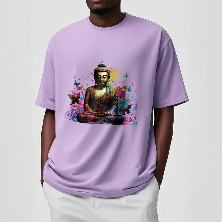 Buddha Stones Colorful Butterfly Flying Meditation Buddha Tee T-shirt