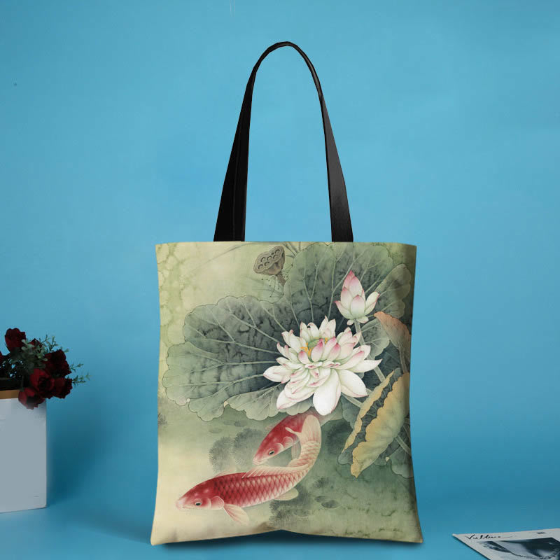 Buddha Stones Handmade Canvas Ink Lotus Koi Fish Shoulder Bag Shopping Bag