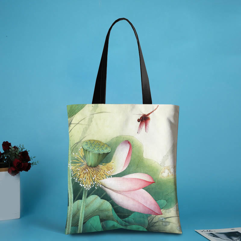 Buddha Stones Handmade Canvas Ink Lotus Koi Fish Shoulder Bag Shopping Bag