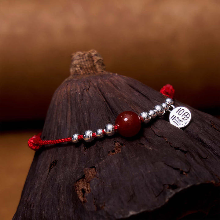 Buddha Stones Handmade 925 Sterling Silver Fu Character Red Agate Fortune Braided Ultra-Thin Rope Bracelet