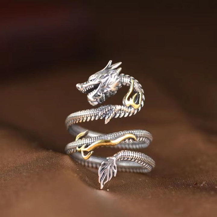 Buddha Stones Vintage Dragon Pattern Protection Ring