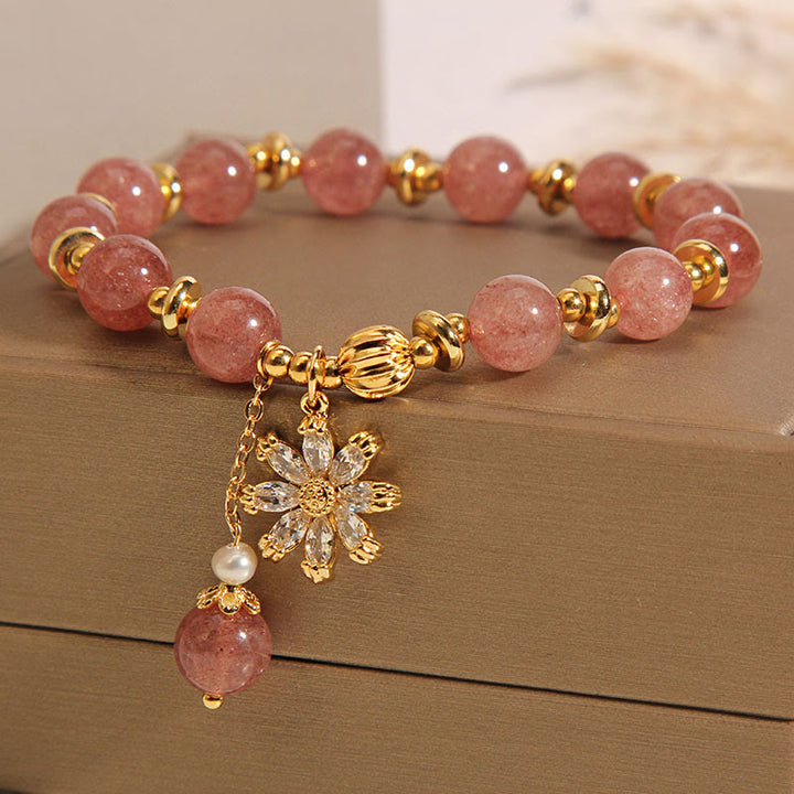 Buddha Stones Natural Strawberry Quartz Crystal Chrysanthemum Pearl Positive Bracelet