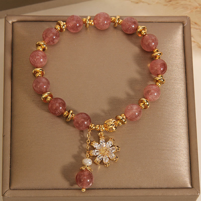 Buddha Stones Natural Strawberry Quartz Crystal Chrysanthemum Pearl Positive Bracelet