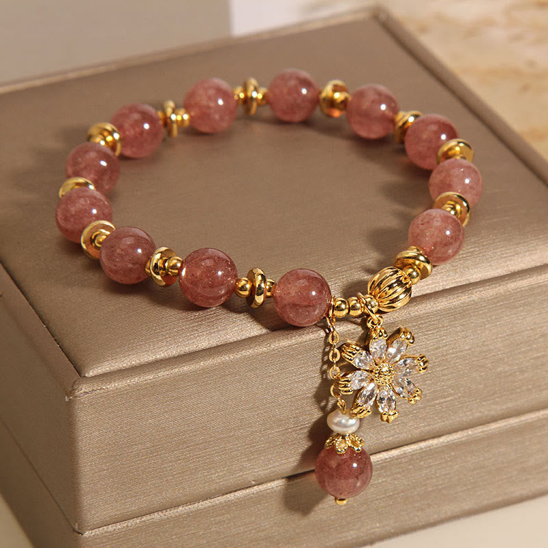 Buddha Stones Natural Strawberry Quartz Crystal Chrysanthemum Pearl Positive Bracelet