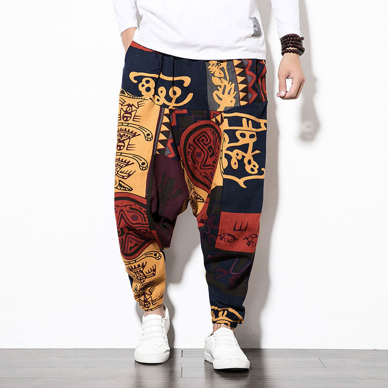 Buddha Stones Red Brown Graffiti Bird Print Cotton Men's Harem Pants With Pockets