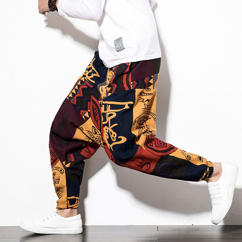 Buddha Stones Red Brown Graffiti Bird Print Cotton Men's Harem Pants With Pockets - image 11