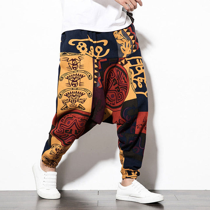 Buddha Stones Red Brown Graffiti Bird Print Cotton Men's Harem Pants With Pockets