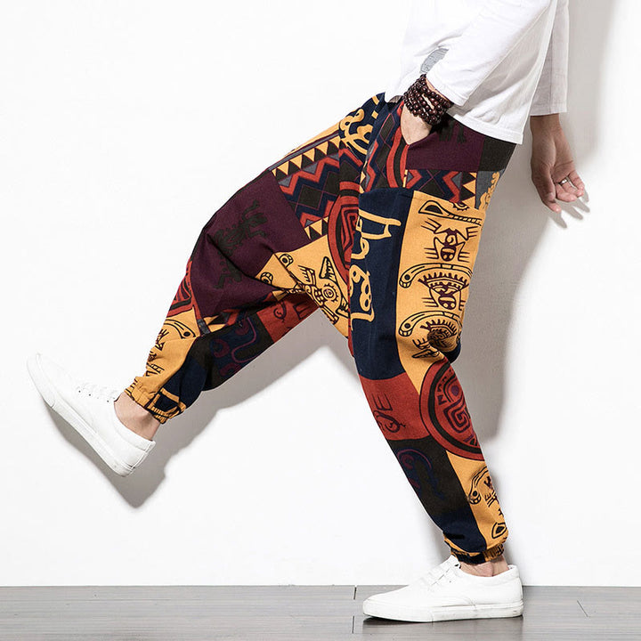 Buddha Stones Red Brown Graffiti Bird Print Men's Harem Pants With Pockets - image 11